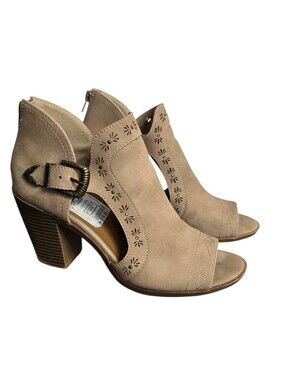 Jellypop Taupe Open-Toe Laser-Cut Block Heel Booties